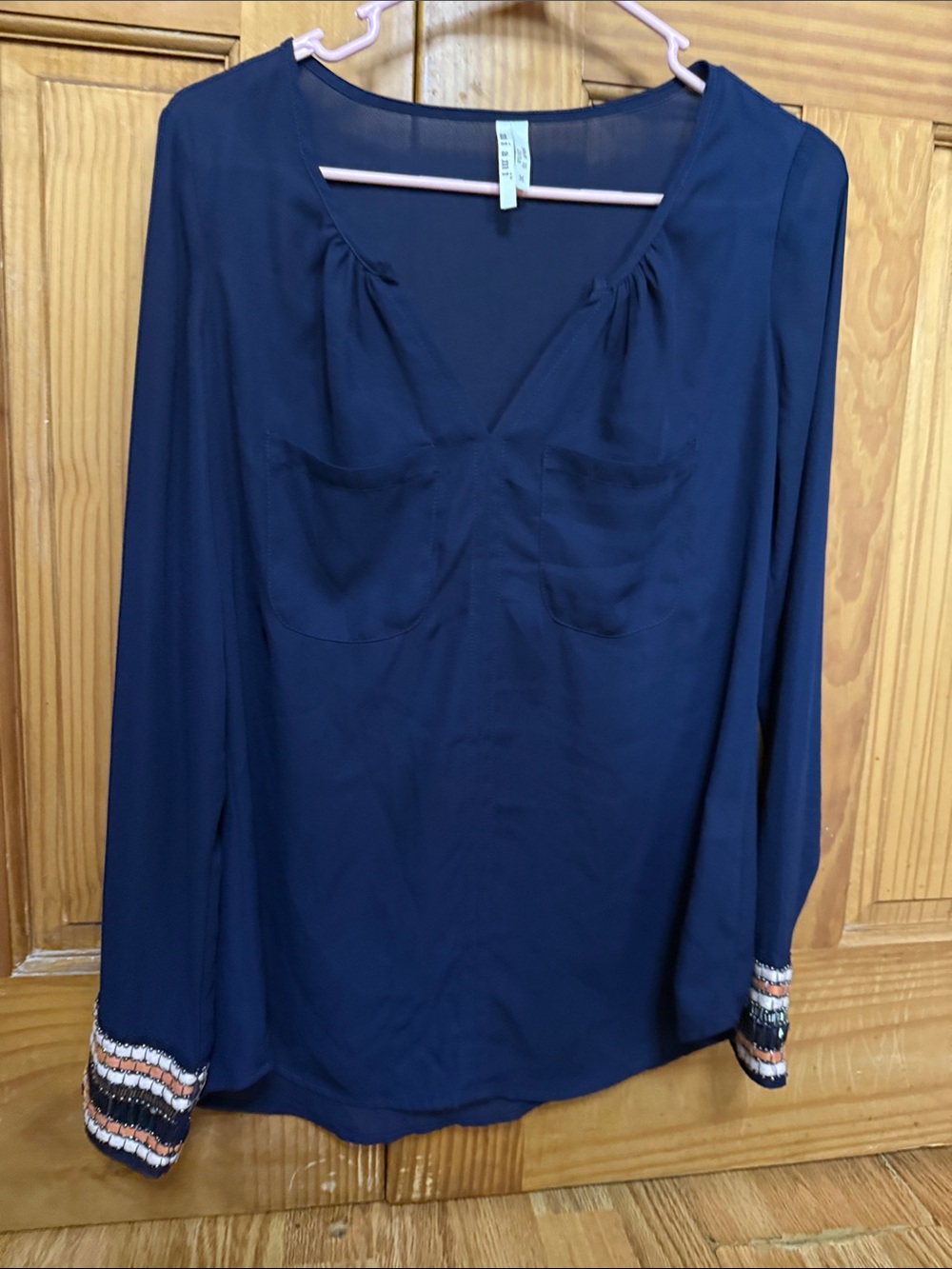 Source Unknown Navy V-Neck Long-Sleeve Blouse with Embroidered Cuffs